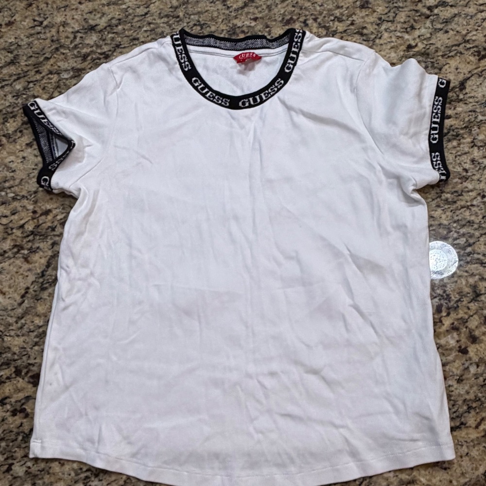 Guess Womens White Ribbed Logo Tape Crew Neck Short Sleeve T-Shirt Large